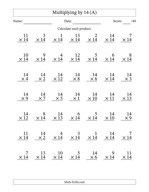The Multiplying (1 to 14) by 14 (49 Questions) (A) Math Worksheet