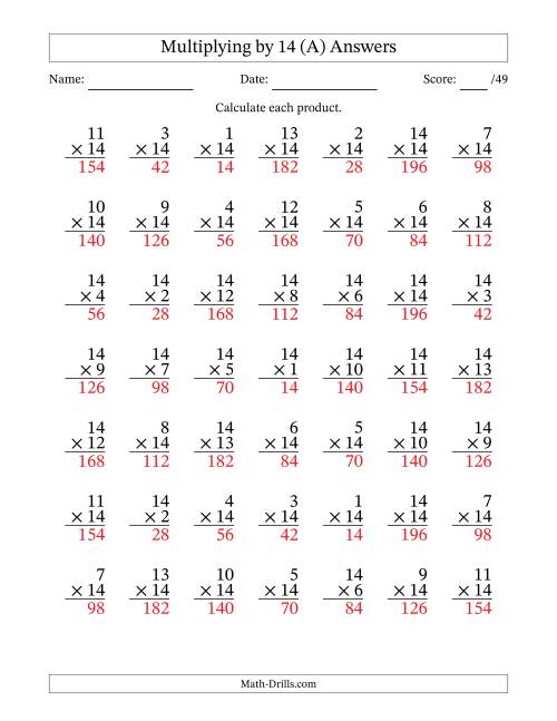 The Multiplying (1 to 14) by 14 (49 Questions) (A) Math Worksheet Page 2