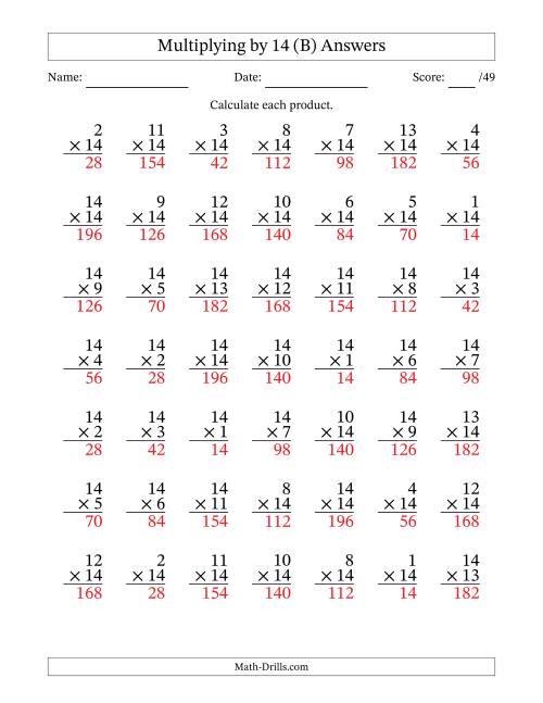 The Multiplying (1 to 14) by 14 (49 Questions) (B) Math Worksheet Page 2