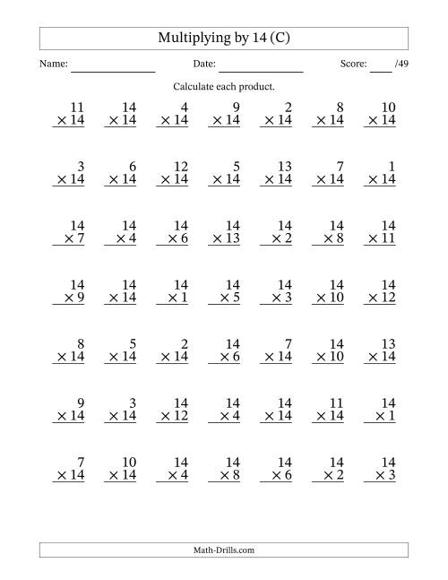The Multiplying (1 to 14) by 14 (49 Questions) (C) Math Worksheet