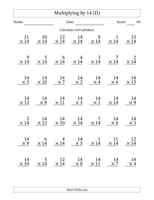 The Multiplying (1 to 14) by 14 (49 Questions) (D) Math Worksheet