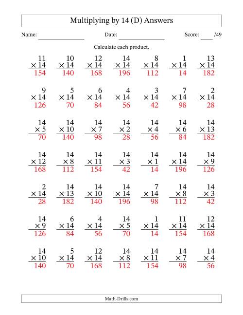 The Multiplying (1 to 14) by 14 (49 Questions) (D) Math Worksheet Page 2
