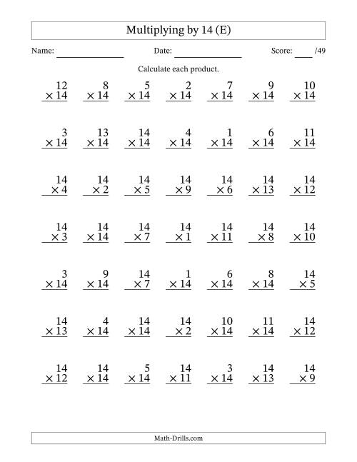 The Multiplying (1 to 14) by 14 (49 Questions) (E) Math Worksheet