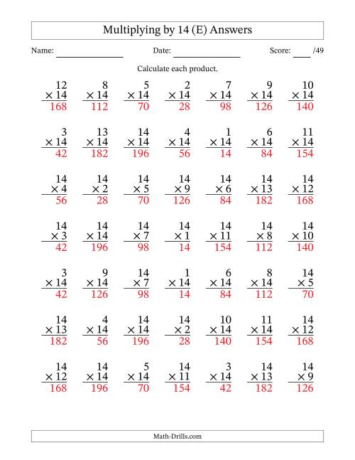 The Multiplying (1 to 14) by 14 (49 Questions) (E) Math Worksheet Page 2