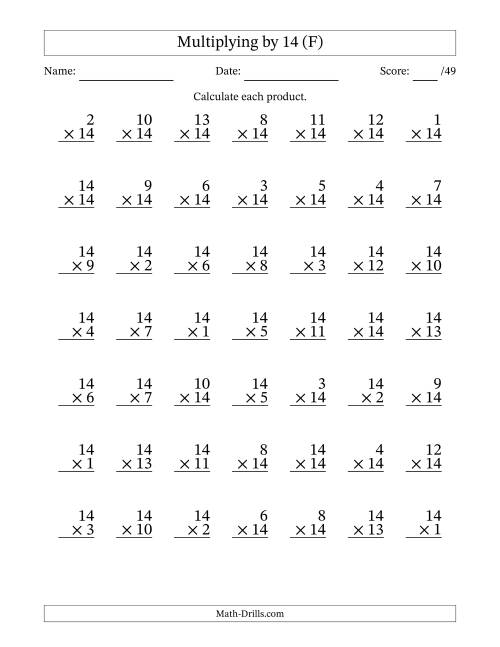 The Multiplying (1 to 14) by 14 (49 Questions) (F) Math Worksheet