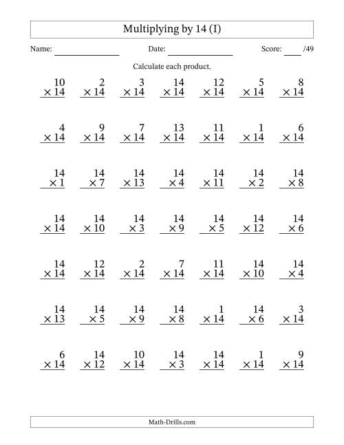 The Multiplying (1 to 14) by 14 (49 Questions) (I) Math Worksheet