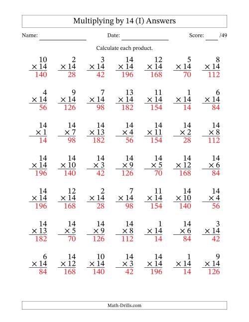 The Multiplying (1 to 14) by 14 (49 Questions) (I) Math Worksheet Page 2