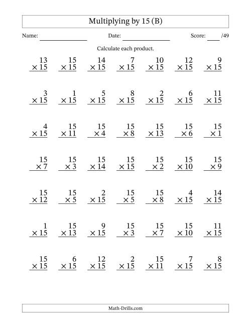 The Multiplying (1 to 15) by 15 (49 Questions) (B) Math Worksheet