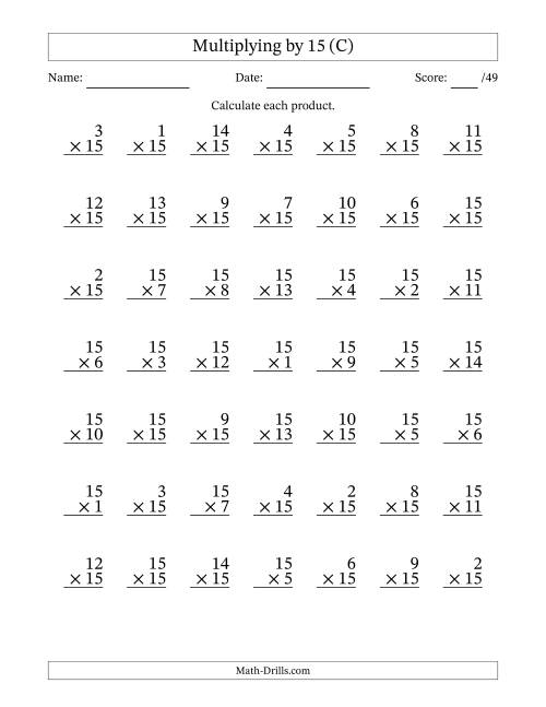 The Multiplying (1 to 15) by 15 (49 Questions) (C) Math Worksheet