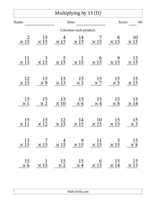 The Multiplying (1 to 15) by 15 (49 Questions) (D) Math Worksheet
