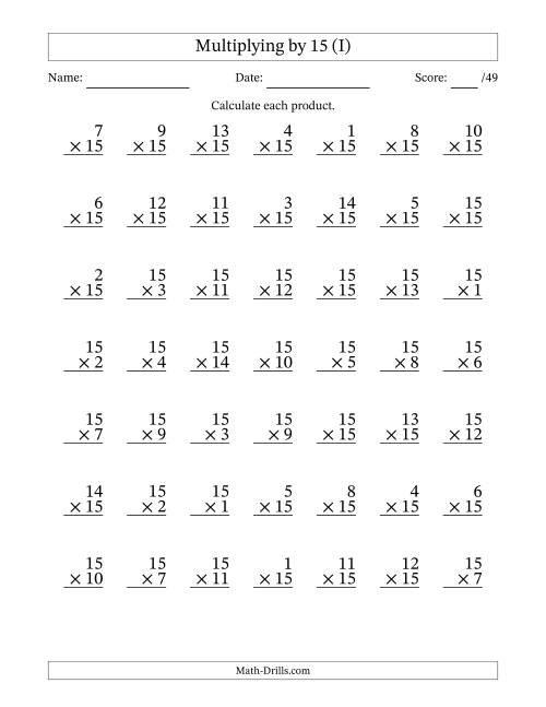 The Multiplying (1 to 15) by 15 (49 Questions) (I) Math Worksheet