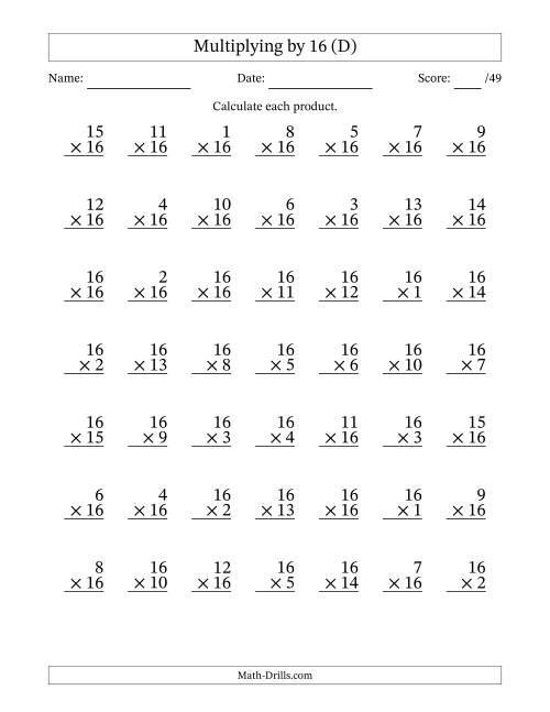 The Multiplying (1 to 16) by 16 (49 Questions) (D) Math Worksheet