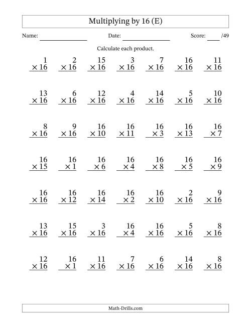 The Multiplying (1 to 16) by 16 (49 Questions) (E) Math Worksheet