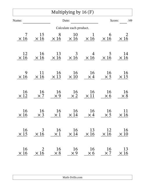 The Multiplying (1 to 16) by 16 (49 Questions) (F) Math Worksheet