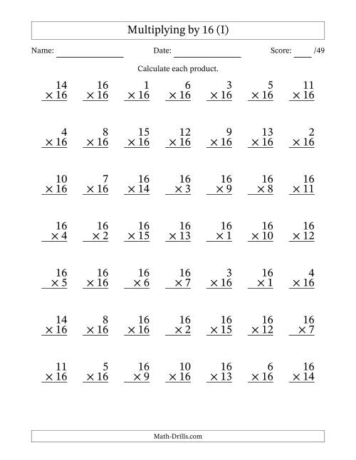 The Multiplying (1 to 16) by 16 (49 Questions) (I) Math Worksheet