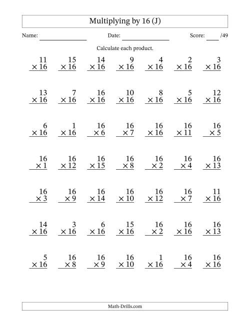 The Multiplying (1 to 16) by 16 (49 Questions) (J) Math Worksheet