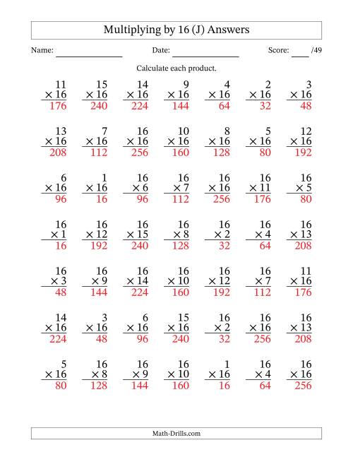 The Multiplying (1 to 16) by 16 (49 Questions) (J) Math Worksheet Page 2