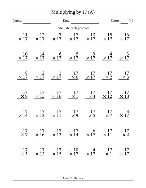 The Multiplying (1 to 17) by 17 (49 Questions) (A) Math Worksheet