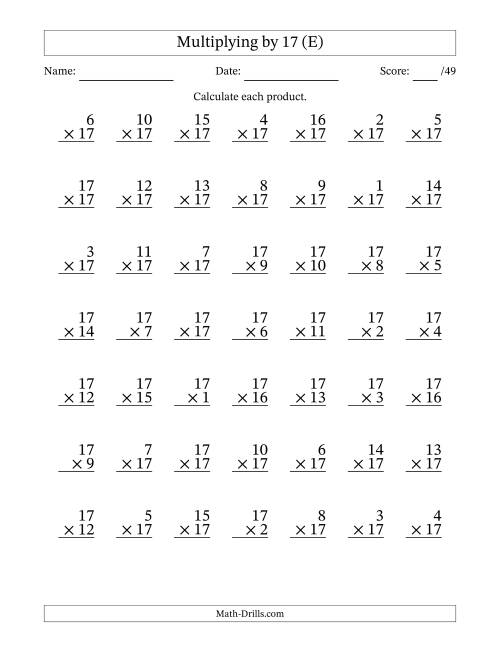 The Multiplying (1 to 17) by 17 (49 Questions) (E) Math Worksheet