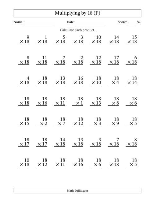 The Multiplying (1 to 18) by 18 (49 Questions) (F) Math Worksheet