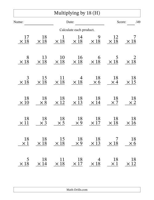 The Multiplying (1 to 18) by 18 (49 Questions) (H) Math Worksheet