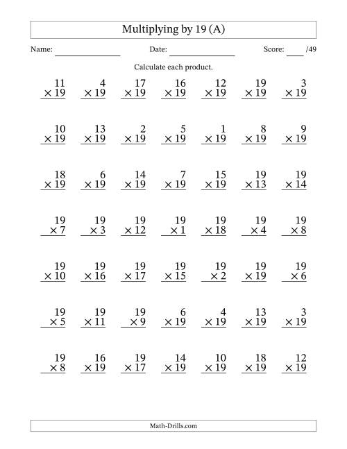 The Multiplying (1 to 19) by 19 (49 Questions) (A) Math Worksheet