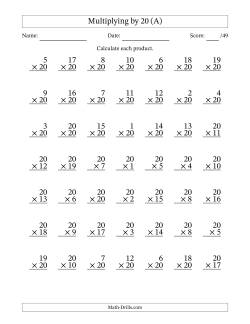 Multiplying (1 to 20) by 20 (49 Questions)