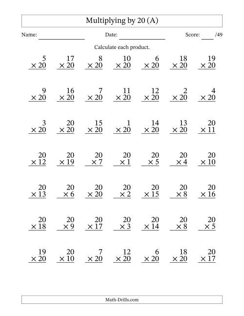 The Multiplying (1 to 20) by 20 (49 Questions) (A) Math Worksheet
