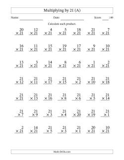 Multiplying (1 to 21) by 21 (49 Questions)