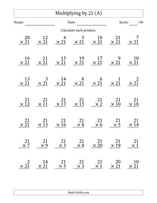 The Multiplying (1 to 21) by 21 (49 Questions) (A) Math Worksheet