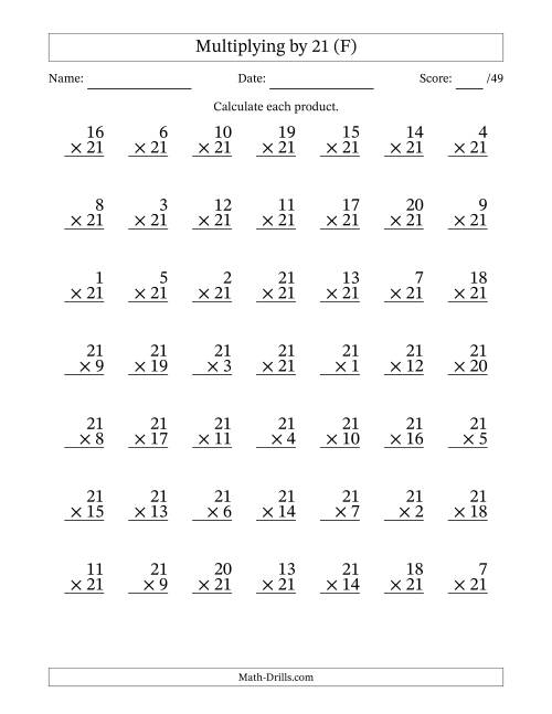 The Multiplying (1 to 21) by 21 (49 Questions) (F) Math Worksheet