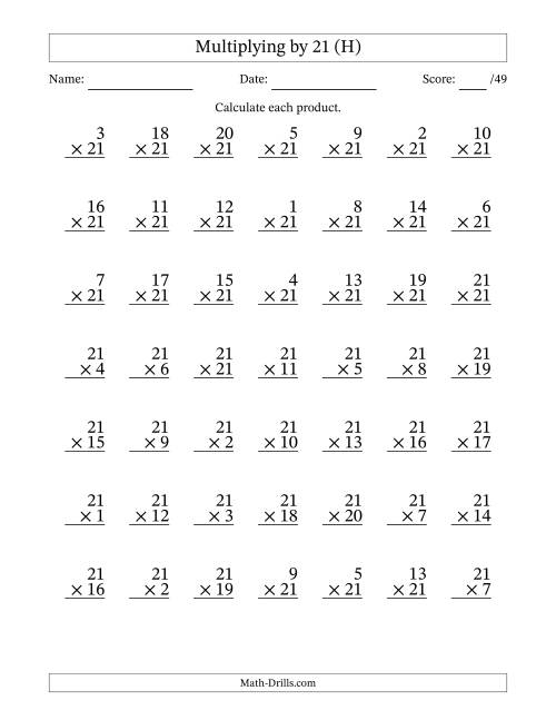 The Multiplying (1 to 21) by 21 (49 Questions) (H) Math Worksheet