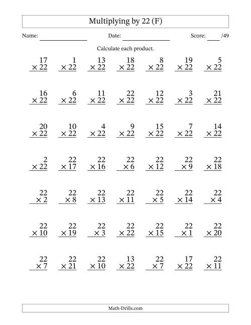 The Multiplying (1 to 22) by 22 (49 Questions) (F) Math Worksheet