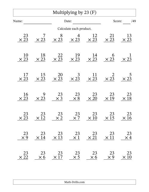 The Multiplying (1 to 23) by 23 (49 Questions) (F) Math Worksheet