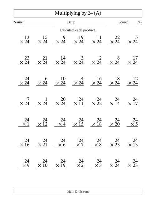 The Multiplying (1 to 24) by 24 (49 Questions) (A) Math Worksheet