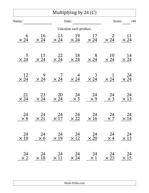 The Multiplying (1 to 24) by 24 (49 Questions) (C) Math Worksheet