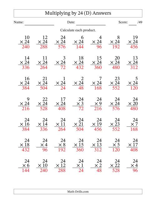 The Multiplying (1 to 24) by 24 (49 Questions) (D) Math Worksheet Page 2