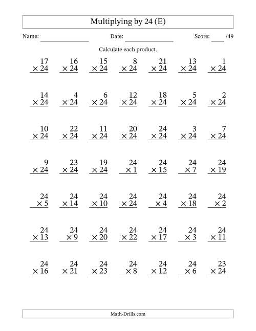 The Multiplying (1 to 24) by 24 (49 Questions) (E) Math Worksheet