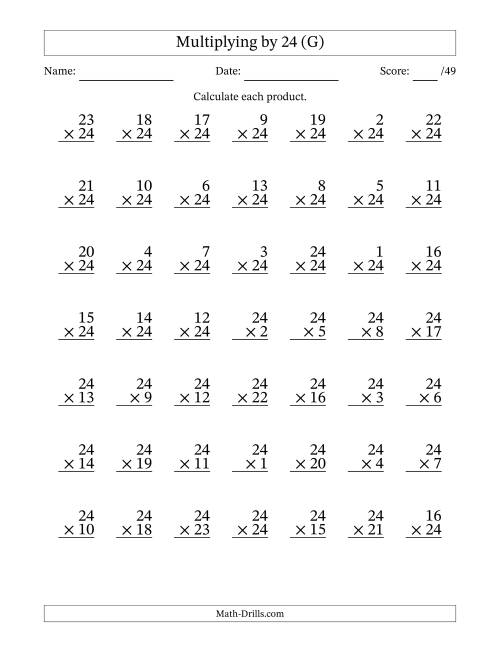 The Multiplying (1 to 24) by 24 (49 Questions) (G) Math Worksheet