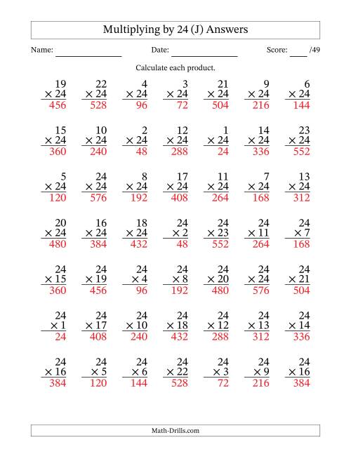 The Multiplying (1 to 24) by 24 (49 Questions) (J) Math Worksheet Page 2