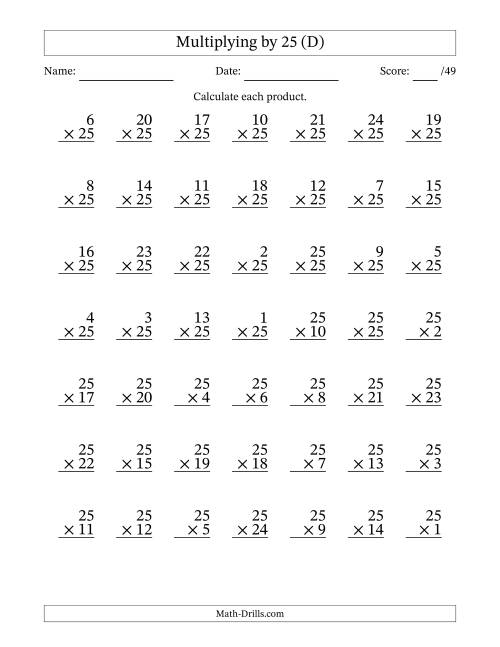 The Multiplying (1 to 25) by 25 (49 Questions) (D) Math Worksheet