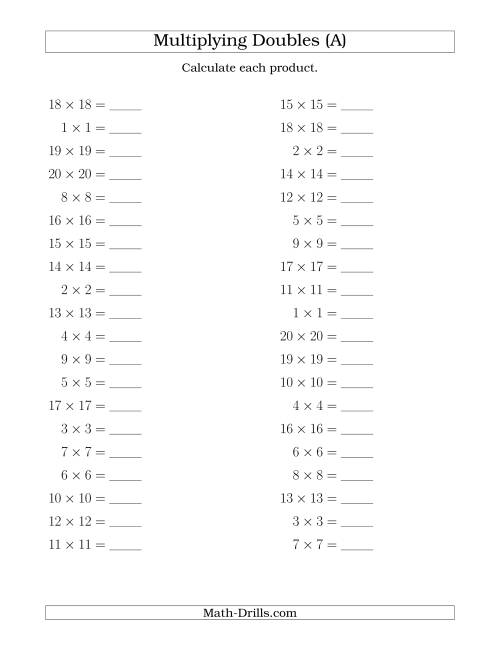 The Multiplying Doubles up to 20 by 20 (A) Math Worksheet