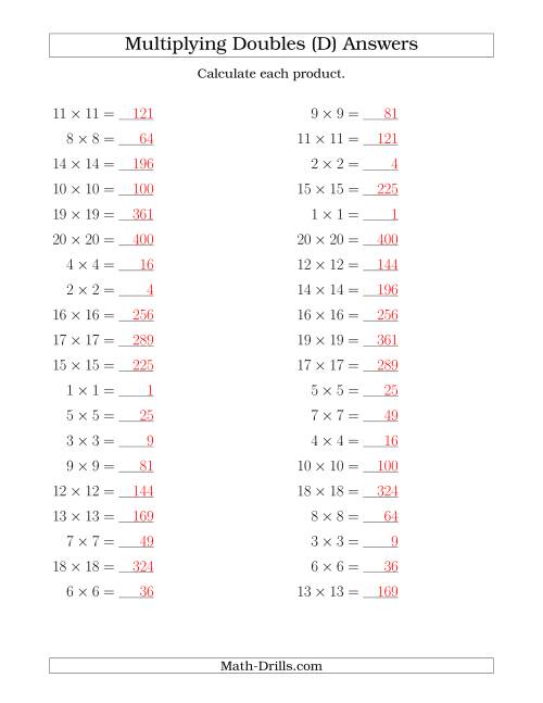 Multiplying Doubles up to 20 by 20 (D)
