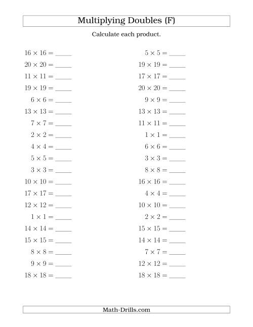 The Multiplying Doubles up to 20 by 20 (F) Math Worksheet