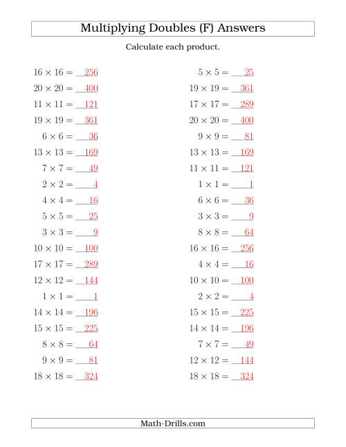 The Multiplying Doubles up to 20 by 20 (F) Math Worksheet Page 2