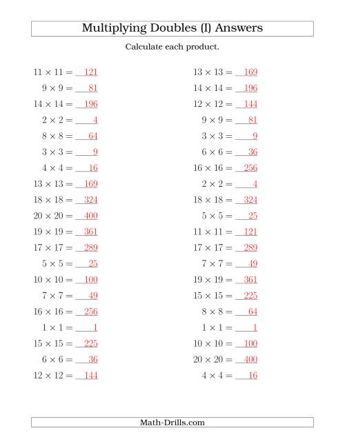 The Multiplying Doubles up to 20 by 20 (I) Math Worksheet Page 2