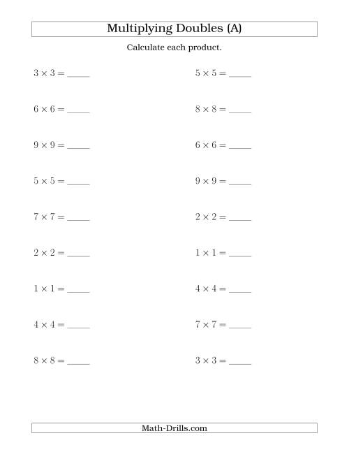The Multiplying Doubles up to 9 by 9 (A) Math Worksheet