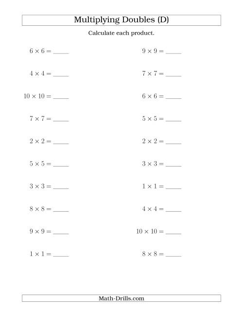 The Multiplying Doubles up to 10 by 10 (D) Math Worksheet