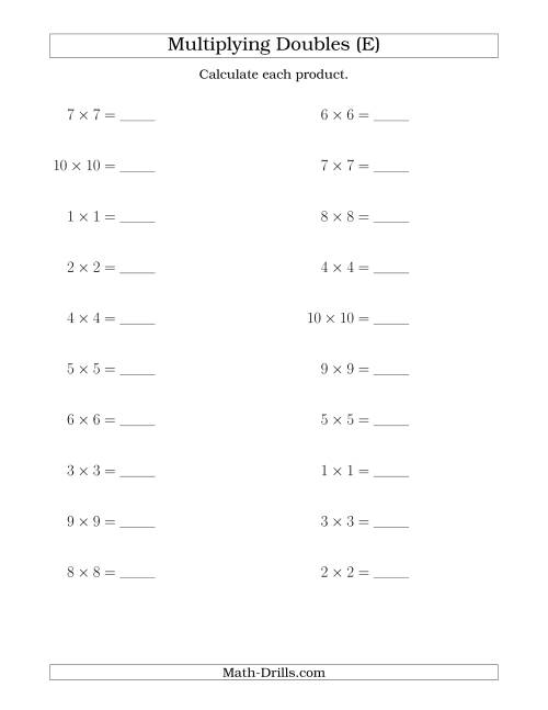 The Multiplying Doubles up to 10 by 10 (E) Math Worksheet