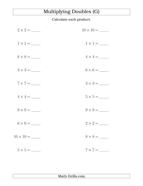 The Multiplying Doubles up to 10 by 10 (G) Math Worksheet